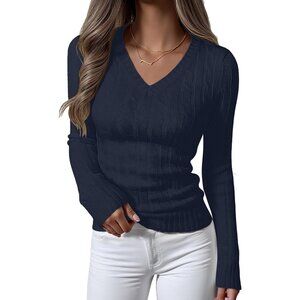 Women Navy Blue Pull On Cable Knit Long Sleeve V Neck Fitted Casual Work Sweater